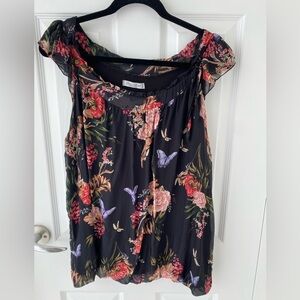 Elena Baldi Silk Black Butterfly Flower Pattern Cap Sleeve Top Size Large
